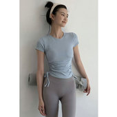 弹力紧身显瘦瑜伽服上衣女夏季 普拉提训练运动速干抽褶t恤健身服