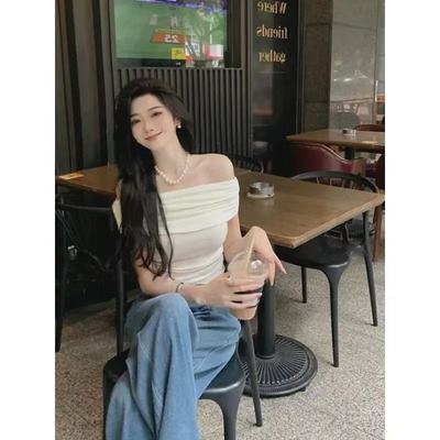 夏纯色露肩绝美别致修身短款上衣