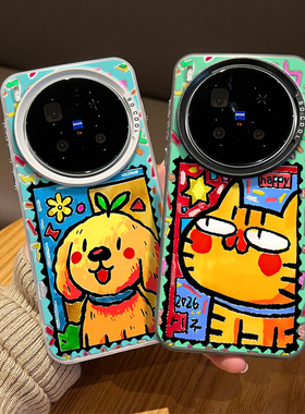 涂鸦小猫小狗手机壳适用vivox300pro情侣200promini多巴胺100ultra可爱90s小众80新款70高级感60男女por外壳