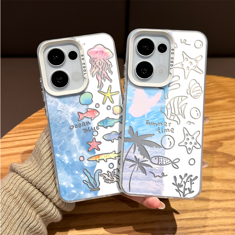 海洋鱼群手机壳适用opporeno15pro夏天14小清新13新款12超好看11创意10小众rone9por高级感8男7女6防摔5外壳