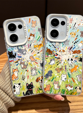 油画爆炸小猫小狗手机壳适用opporeno15pro涂鸦14可爱13新款12卡通11情侣10男女rone9por创意8个性7套6/5外壳