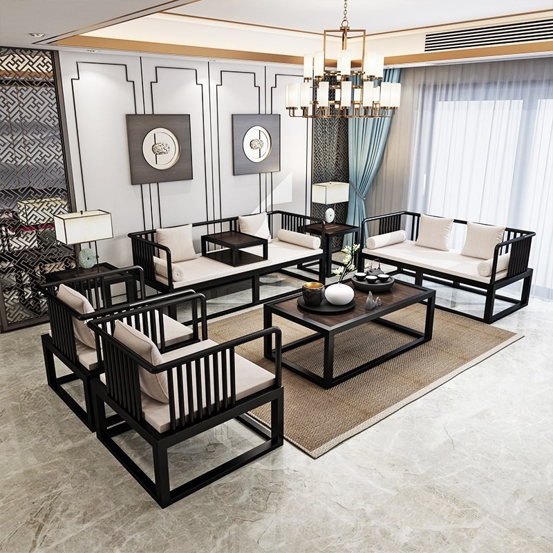 新中式铁艺沙发茶几组合简约实木禅意办公室套装会客接待室
