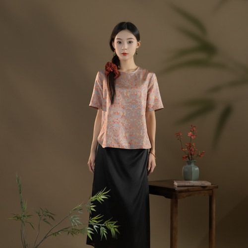 芬领短袖非遗新中式手工蜀锦女装