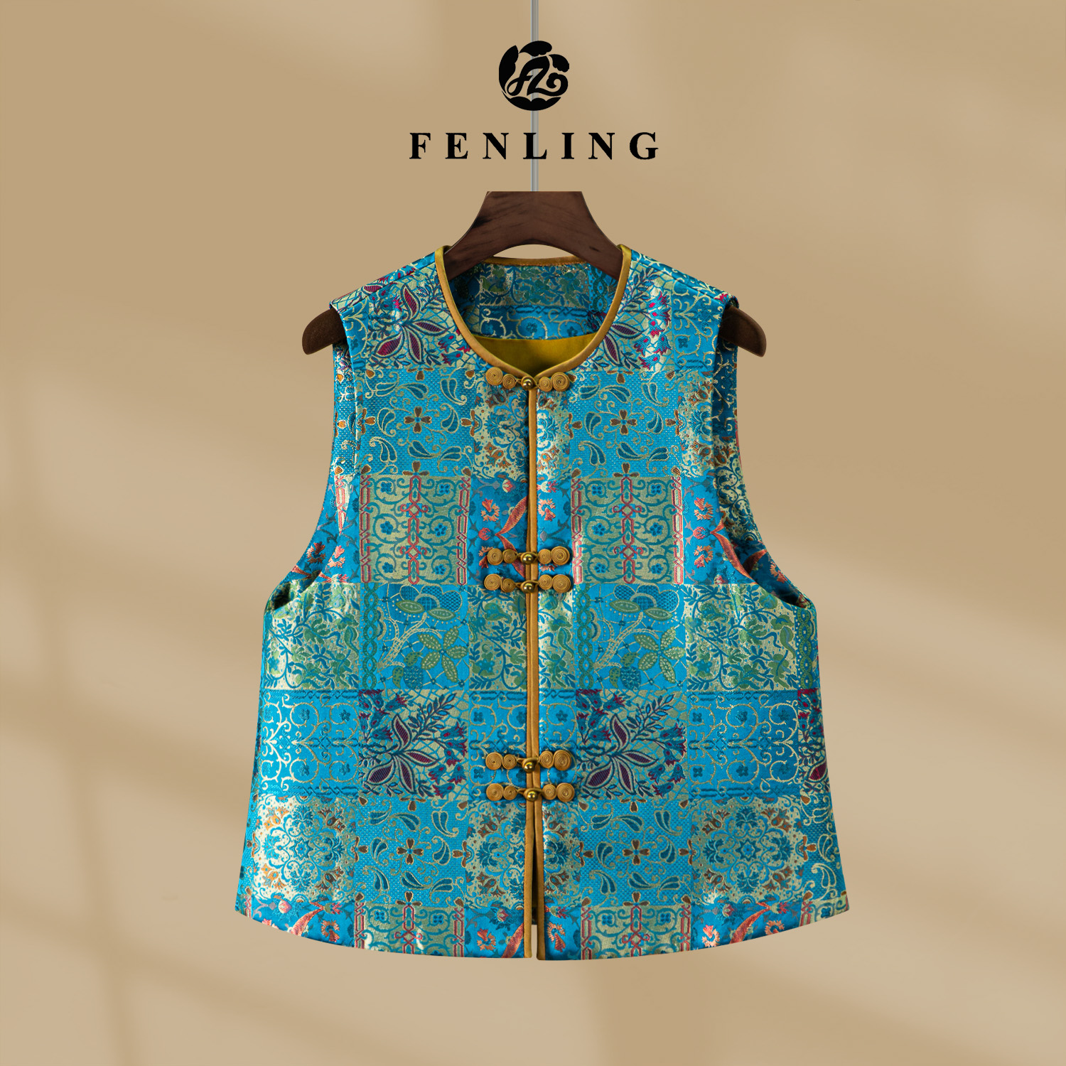 芬领-青霞-非遗桑蚕丝老宋锦羊绒棉手工盘扣马甲中式婉约BX2115