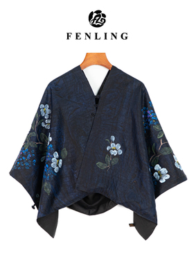 芬领-春渡-非遗桑蚕丝香云纱墨池手绘盘扣长巾52*180CM丝巾WJ110