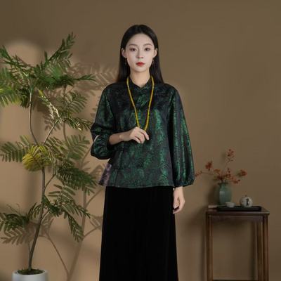 凤羽-桑蚕丝幻彩织金正绢灯笼袖斜开襟国风上衣SY2910-SY2913