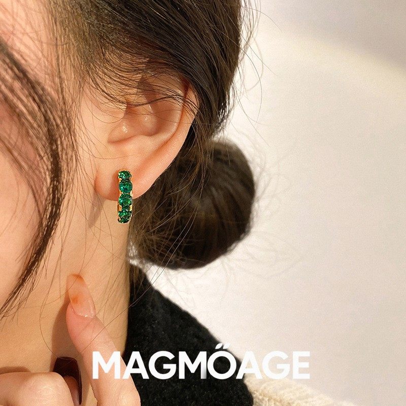 法国【设计师】MAGMOAGE个性欧美气质金属祖母绿色水晶耳环女复古