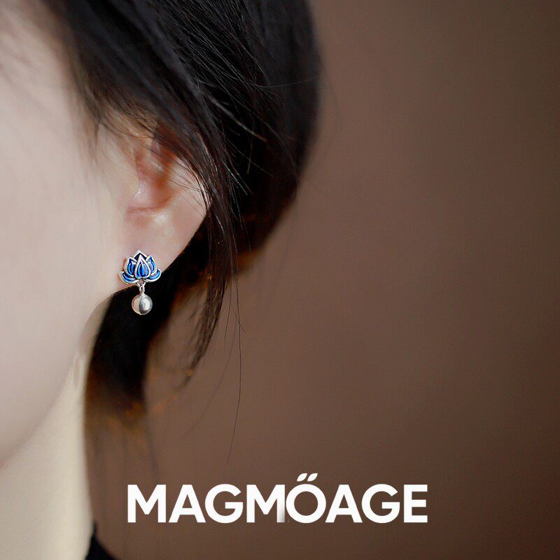 法国【设计师】MAGMOAGES925纯银新中式民族蓝色滴胶莲花耳环