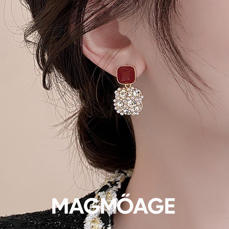 MAGMOAGE水钻珍珠耳环红色滴釉