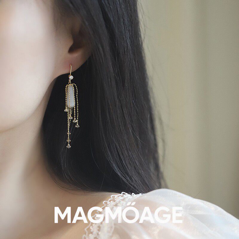 MAGMOAGE猫眼石精致流苏水滴耳环