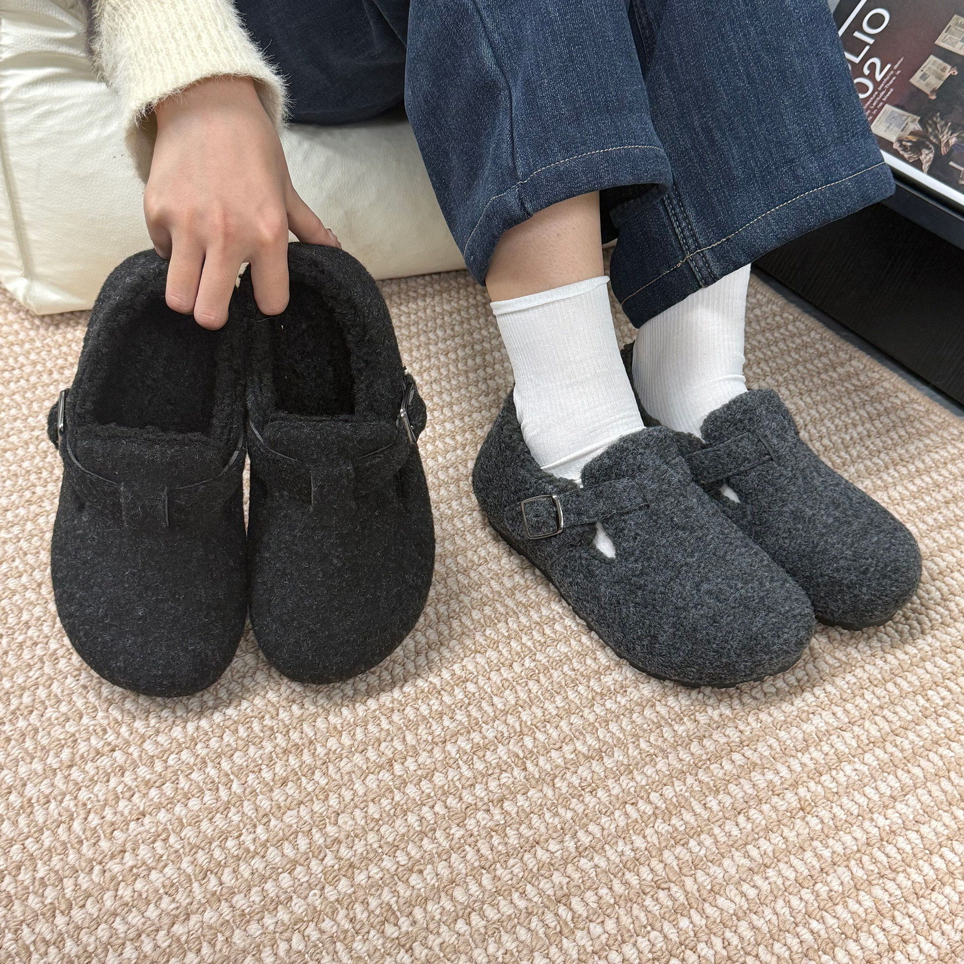 休闲风勃肯鞋女加绒冬季灰色复古港风外穿舒适软底防滑加厚一脚蹬,女鞋,棉鞋,淘宝优惠券,粉丝福利购,淘宝优惠卷