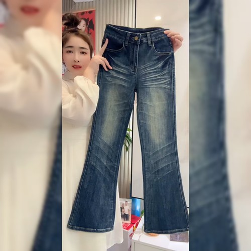 欧洲站欧货蓝色微喇牛仔裤