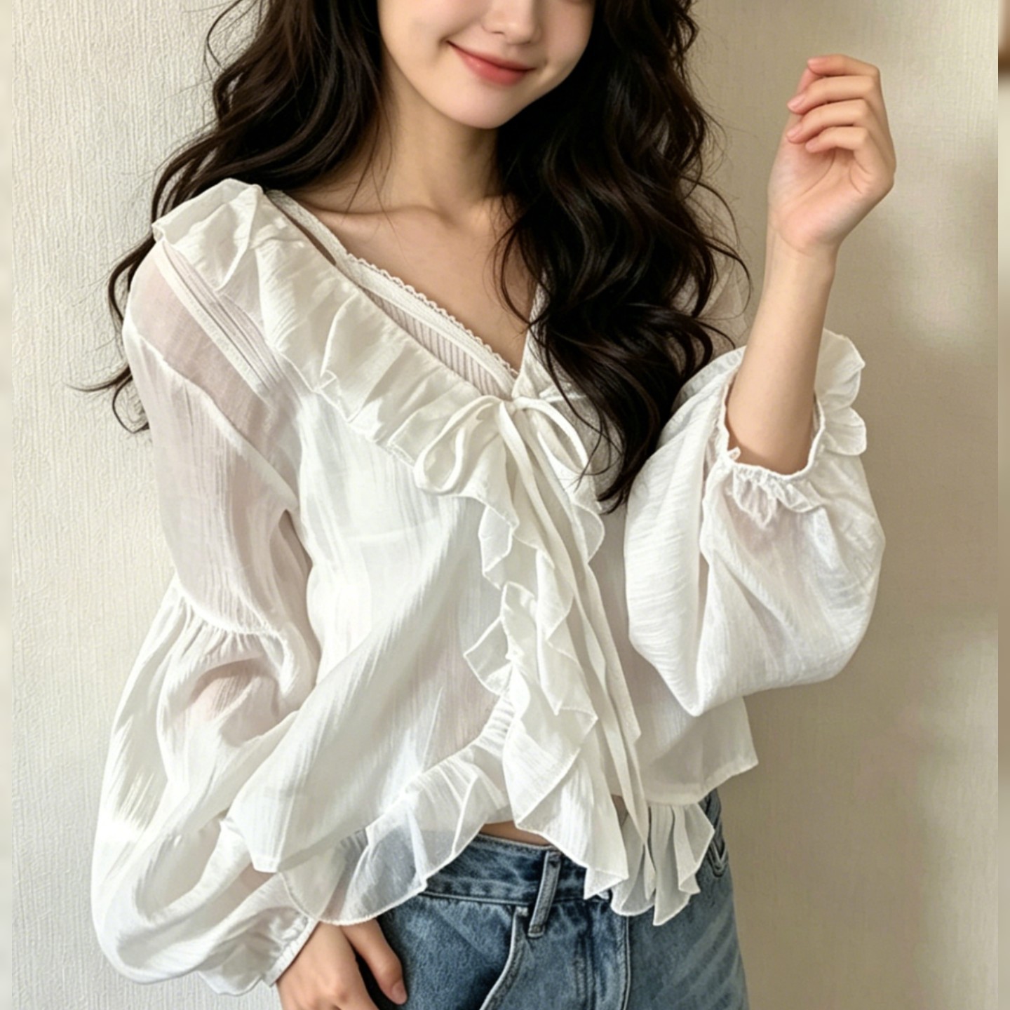 设计感荷叶边V领系带衬衫欧洲站欧货时尚别致独特炸街白色衬衣女