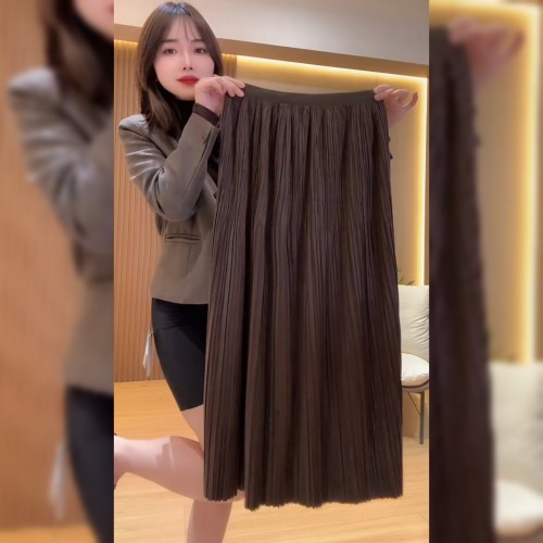 高腰显瘦咖色丝绒半身裙女
