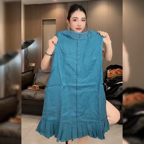 欧洲站欧货排扣蓝色连衣裙