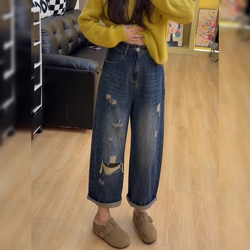 设计感破洞蓝色牛仔裤女