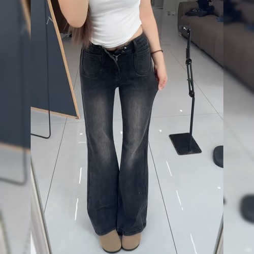 高腰双排扣黑灰色牛仔裤女