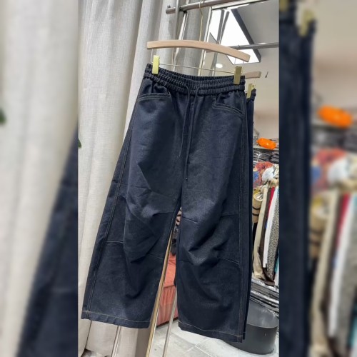 欧洲站欧货松紧腰深蓝色休闲裤
