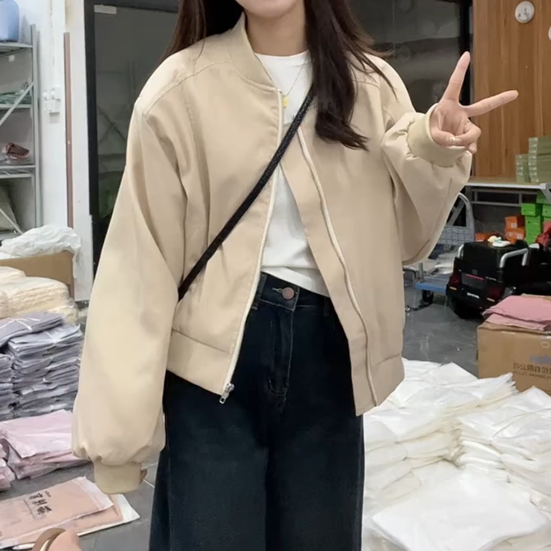 韩系奶茶色短款夹克外套女秋季新款宽松休闲运动风衣棒球服上衣