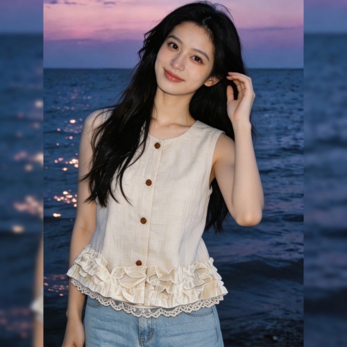 法式木耳花边亚麻无袖上衣女