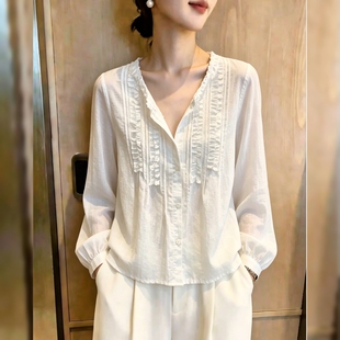 设计感花边长袖衬衫女夏季新款欧洲站欧货时尚宽松显瘦休闲衬衣
