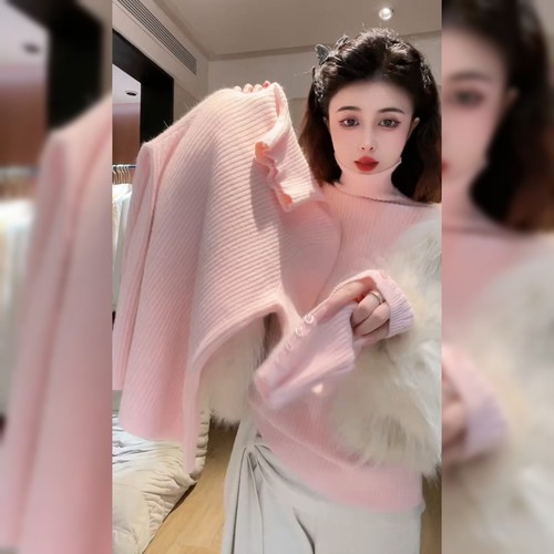 简约时尚高领粉色针织衫女