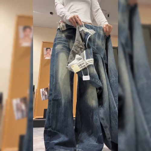 欧洲站欧货翻边蓝色牛仔裤