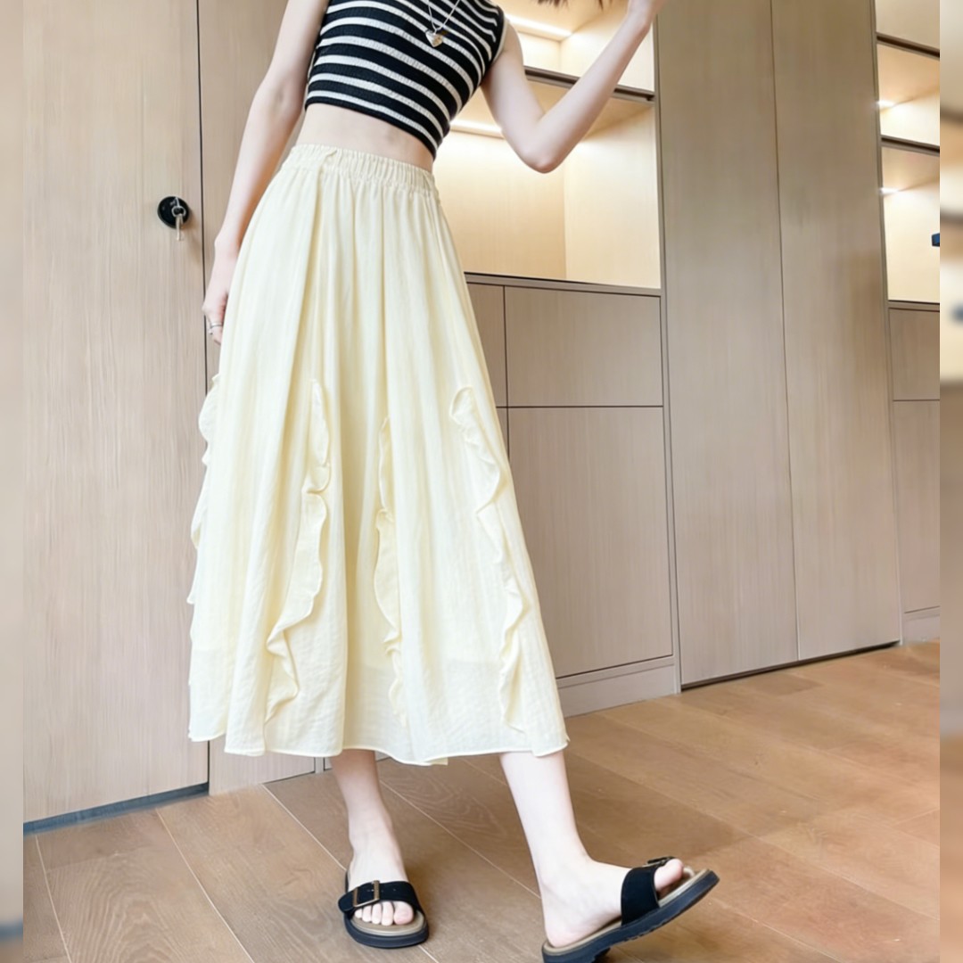 小个子松紧腰木耳边半身裙夏季新款简约时尚洋气高腰百搭黄色裙子