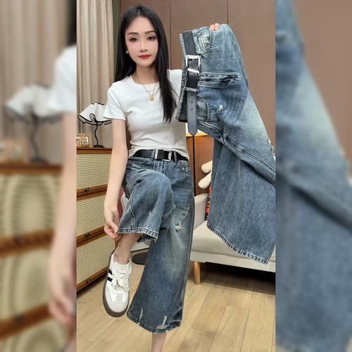 欧洲站欧货宽松蓝色牛仔裤