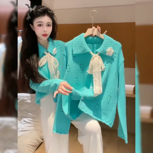 法式复古温柔风蓝绿色毛衣女