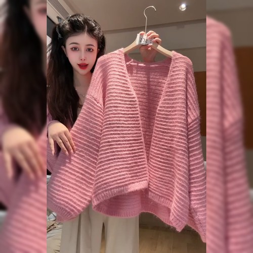 法式慵懒风粉色毛衣外套女
