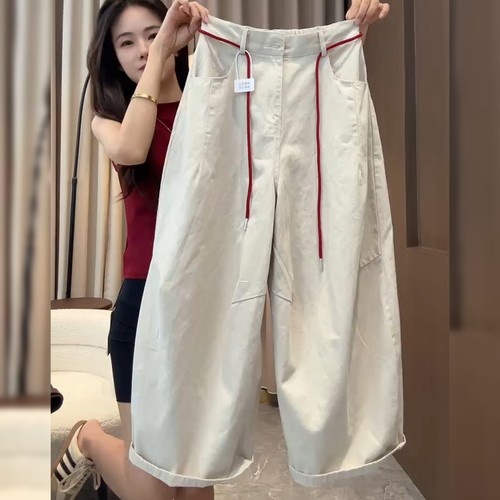 韩版宽松杏色弯刀休闲裤女