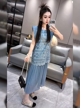 欧洲站欧货镂空蓝色连衣裙