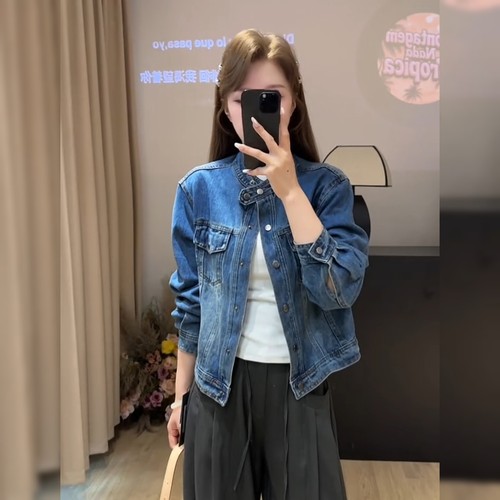 韩系复古深蓝色牛仔外套女