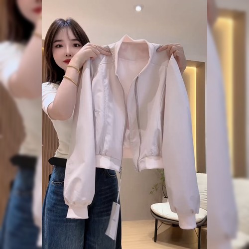 韩版宽松立领粉色棒球服外套