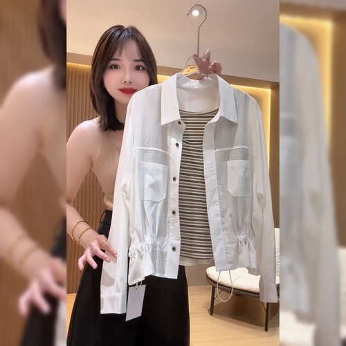 韩系翻领收腰白色衬衣女