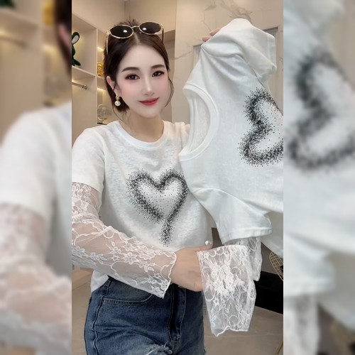 设计感蕾丝拼接白色上衣女