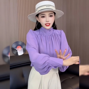 法式别致漂亮紫色衬衣女春夏新款时尚高级感气质炸街休闲百搭上衣