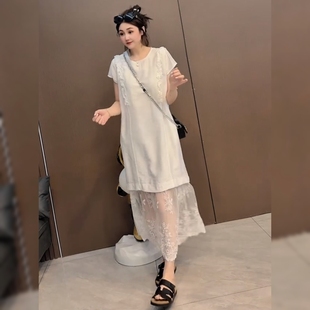 设计感蕾丝拼接白色连衣裙欧洲站欧货时尚宽松显瘦垂坠感短袖裙子