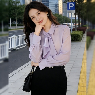时尚洋气紫色雪纺衬衣女春夏别致高级感超好看宽松休闲百搭上衣