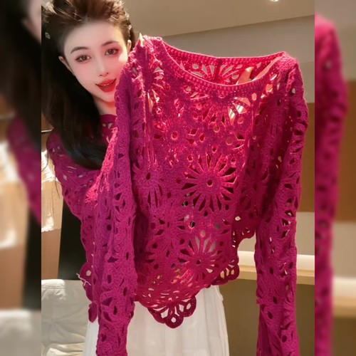设计感重工圆领钩花上衣女
