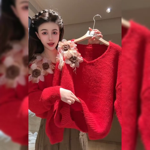 高级感重工V领慵懒风毛衣女