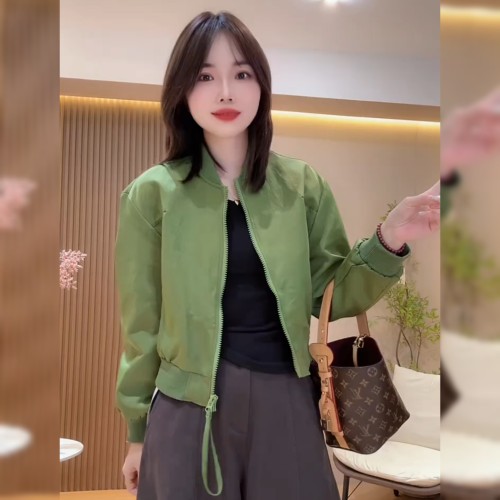 韩系气质拉链绿色棒球服外套