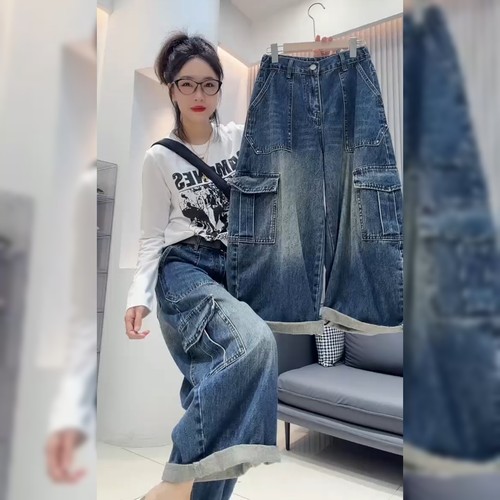 设计感炸街蓝色牛仔工装裤女