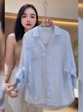 简约时尚翻领浅蓝色衬衫女夏季新款小个子高级感气质别致独特衬衣