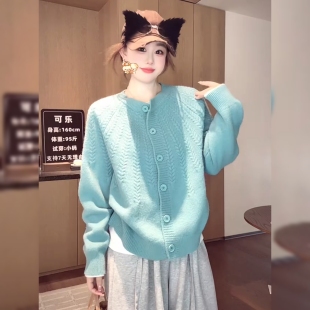 高级感慵懒风蓝色毛衣外套秋冬新款小个子时尚洋气减龄针织开衫女