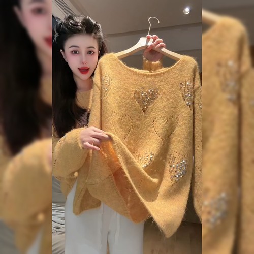设计感重工亮片黄色毛衣女
