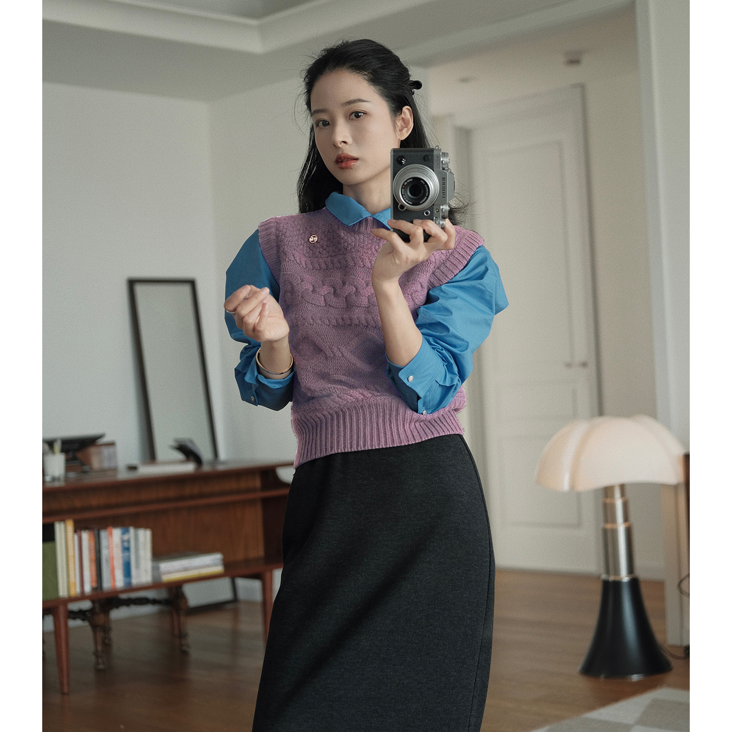 SOUNDS AROUND羊毛绞花背心 莲雾紫圆领马甲背心复古麻花设计