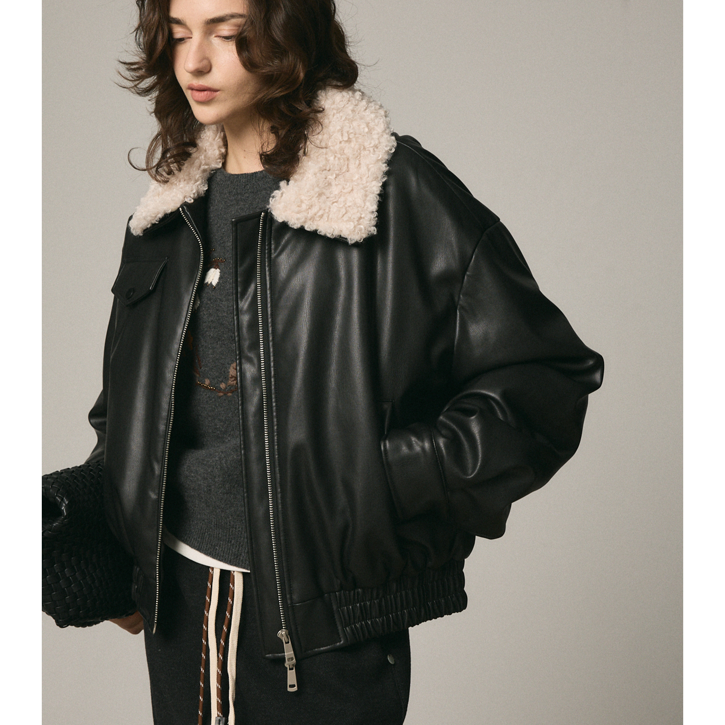 【明星同款】SOUNDSAROUND 复古加厚夹棉皮衣夹克外套 可拆卸毛领