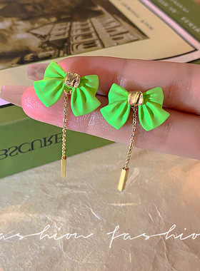 蝴蝶结耳环百搭长款流苏耳钉绿色森系精致时尚耳饰女925银针批发